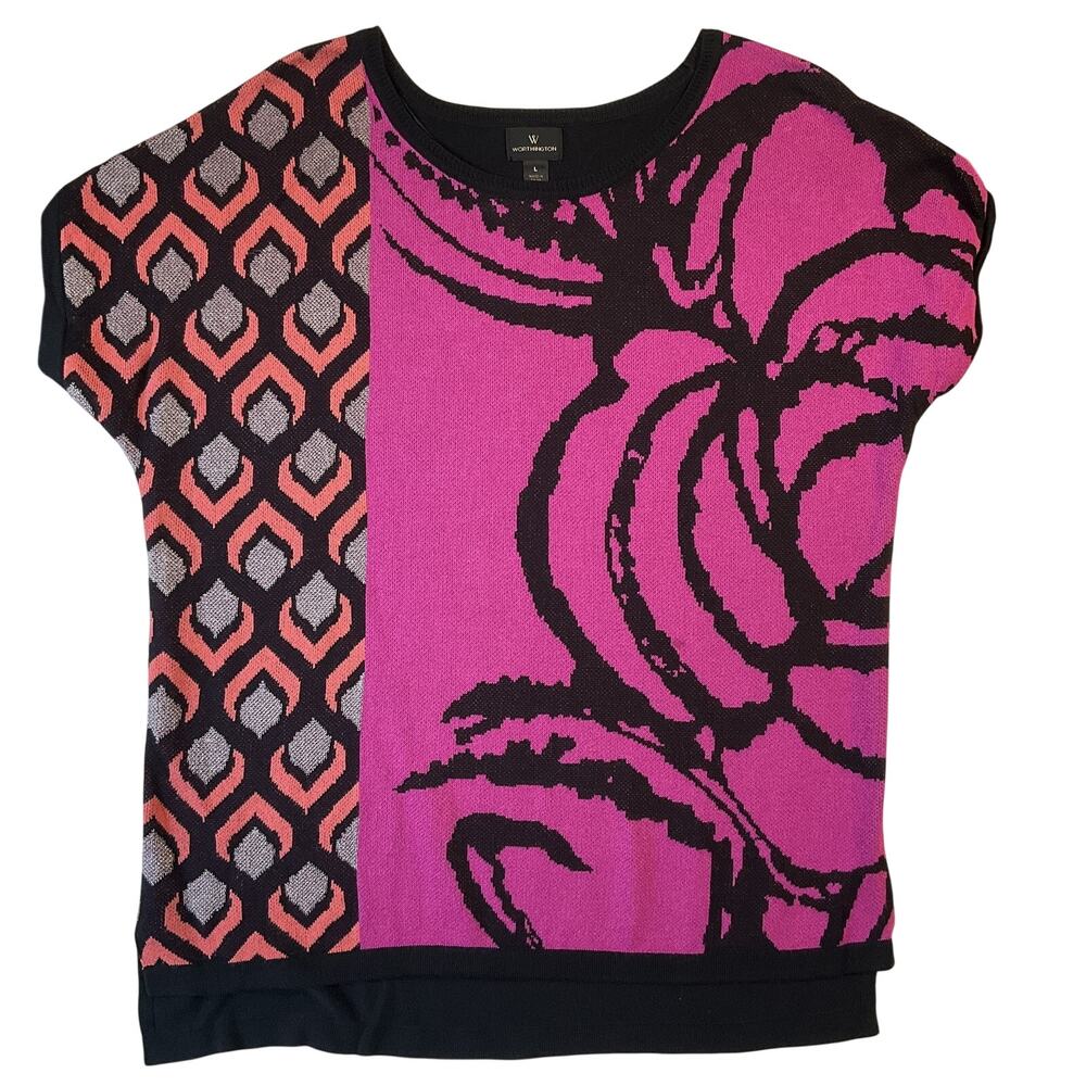 Worthington Women Blouse L Pink Nylon Rayon Geometric Floral Crew Neck Pullover